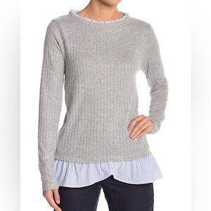 Olivia Sky Layered Look Ruffle Neck Gray Sweater Blue Stripes Women’s Size XS